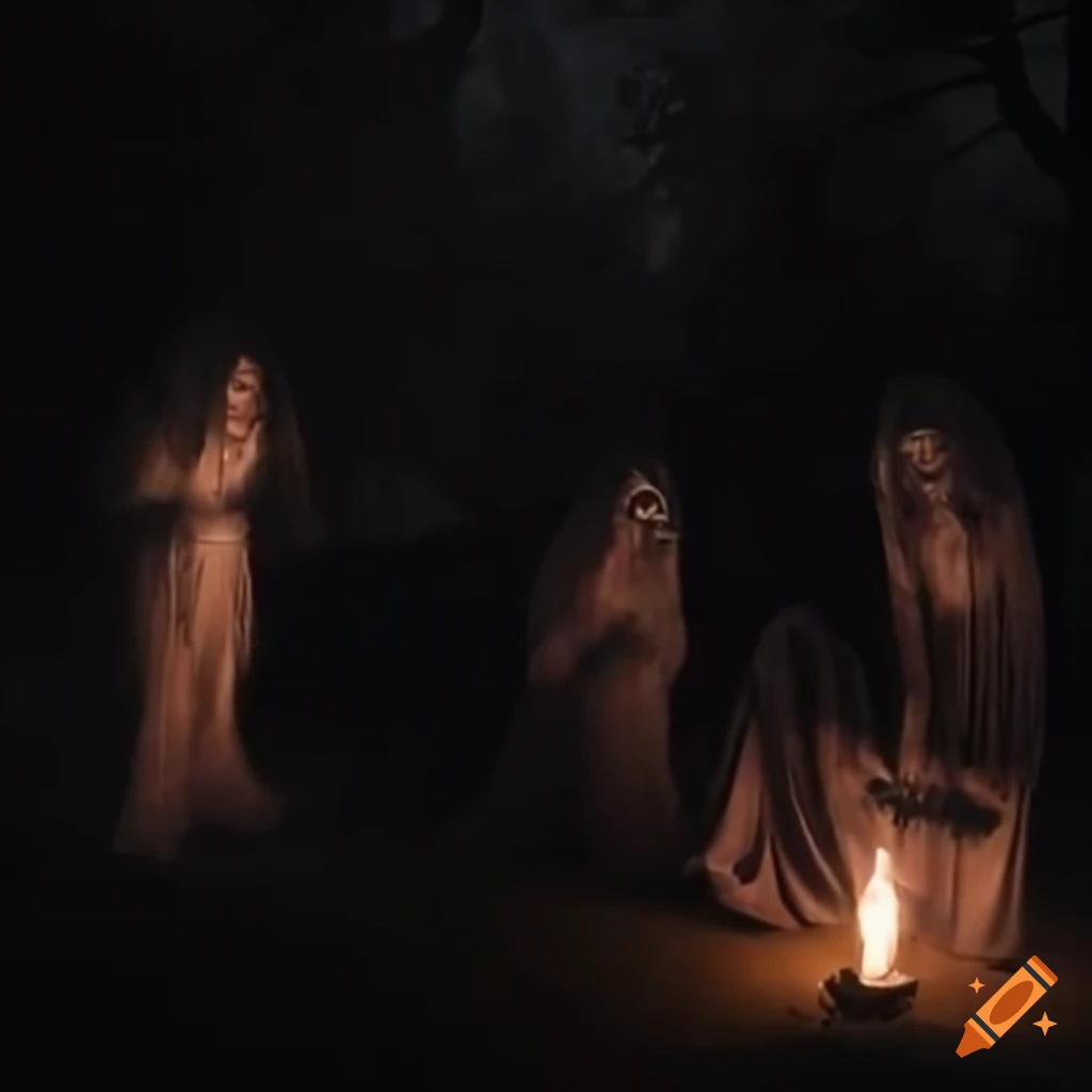 A group of mysterious performers playing musical instruments in ghostly