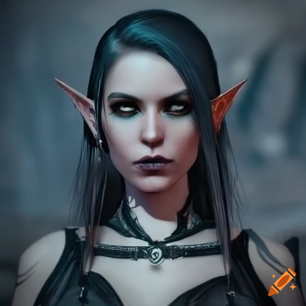 Elven female android, dark hair, augmentations, knight. cyberpunk