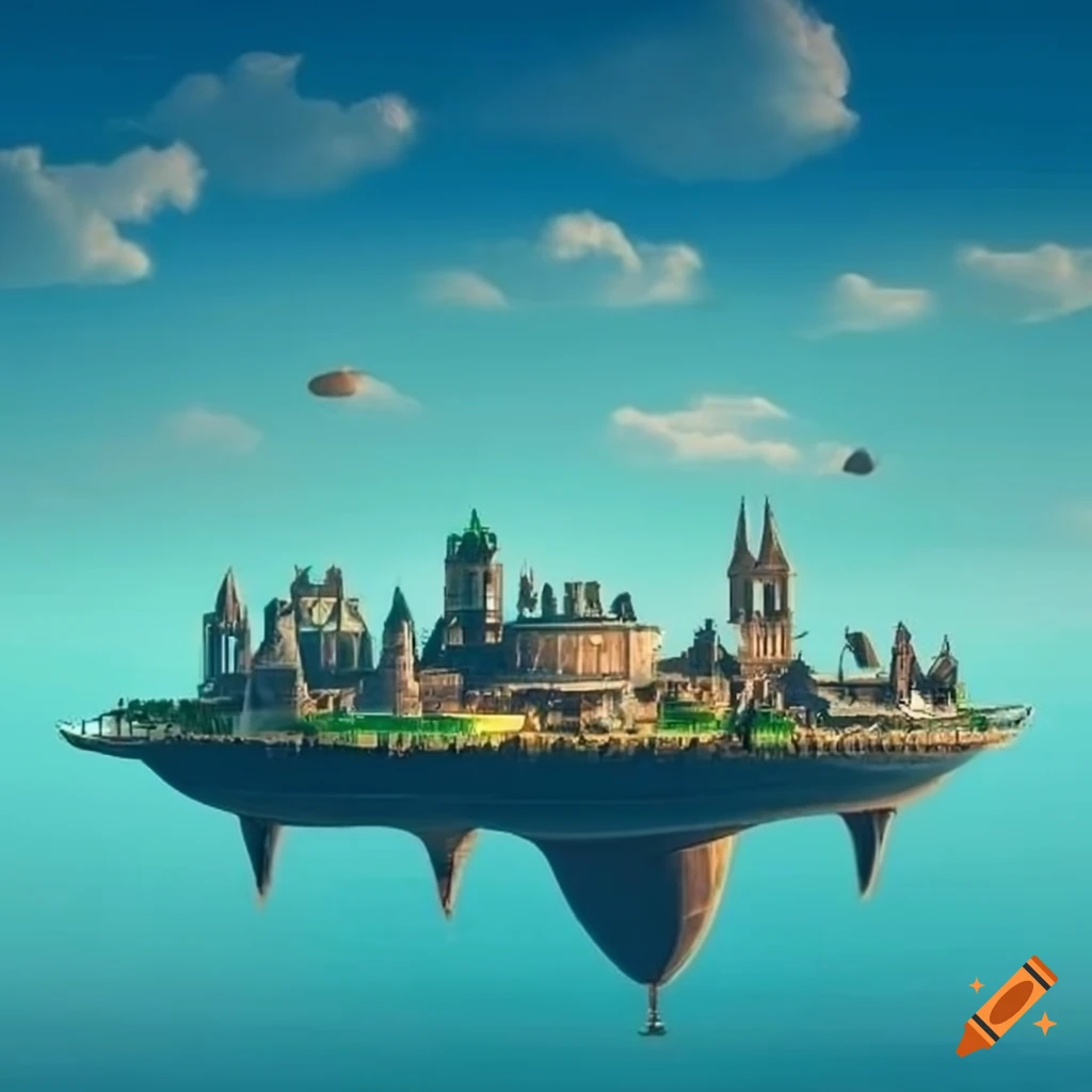 Large, wide, solitary floating island city in the sky and clouds with