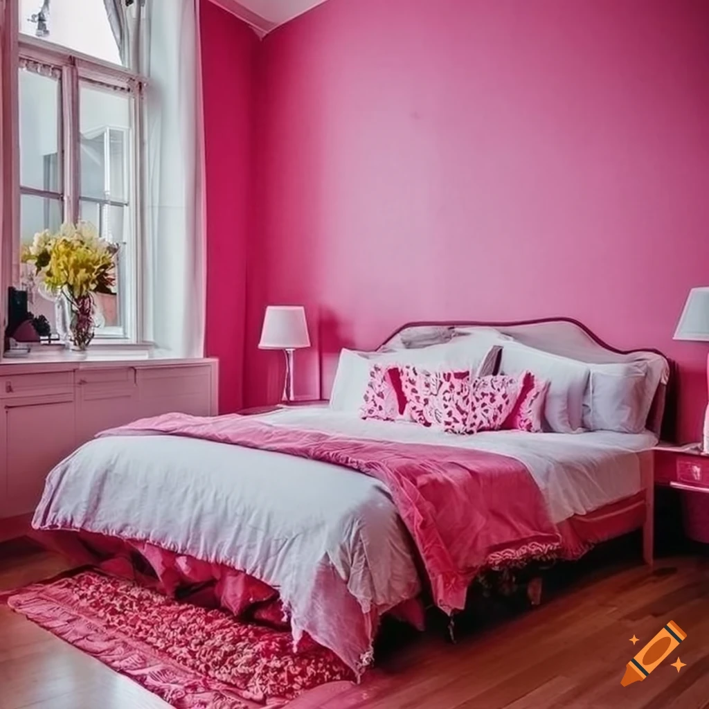 Bedroom with pink heart decorations on Craiyon