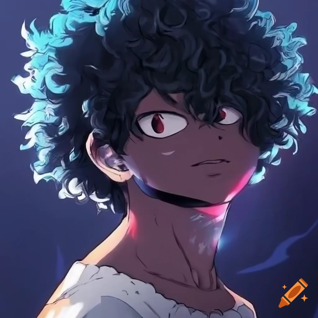 My hero academia anime style dark brown skinned male character with black  curly hair, a beard, and tattoos on Craiyon