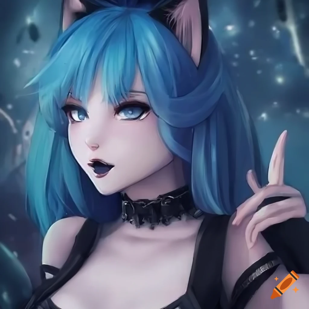 Portrait of mid body of cuttest gothic cat furry girl with blue hair in ...