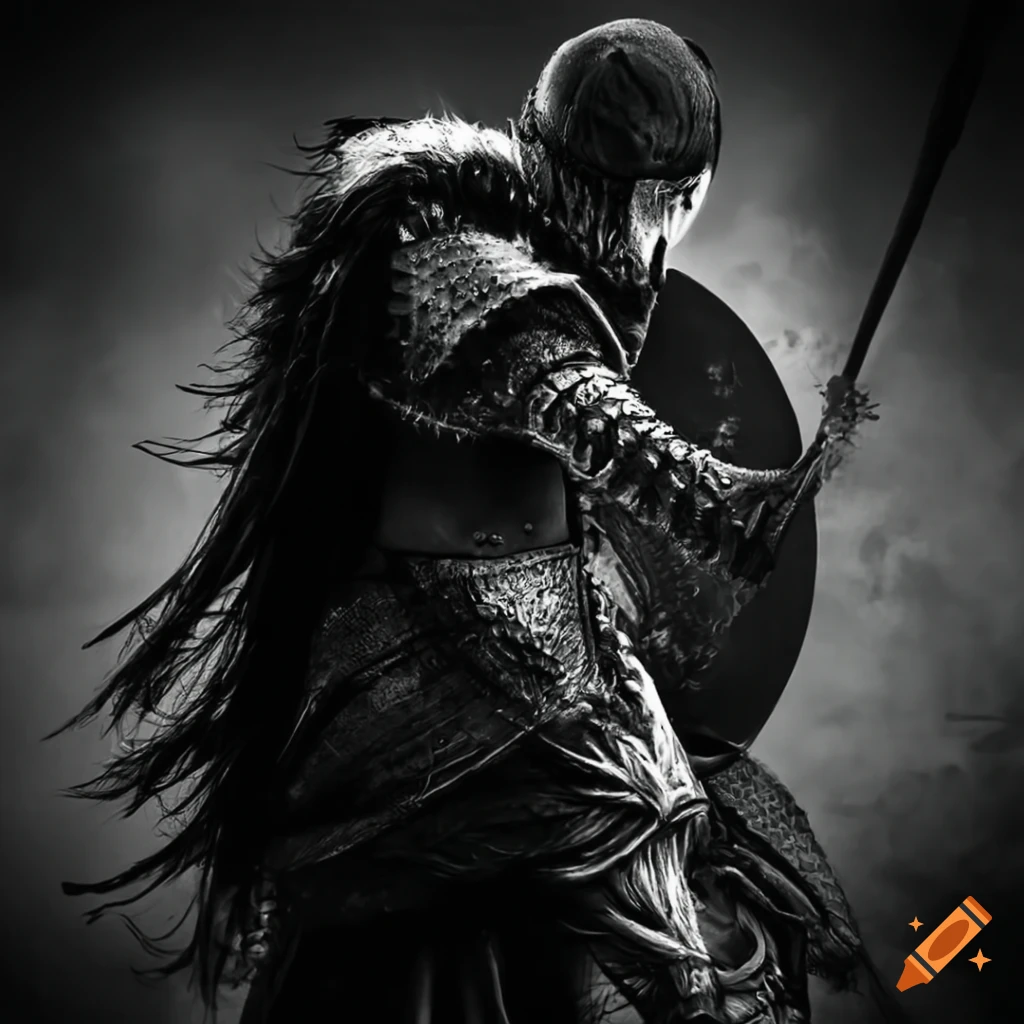 Intense battle of a fierce warrior in a black and white scene