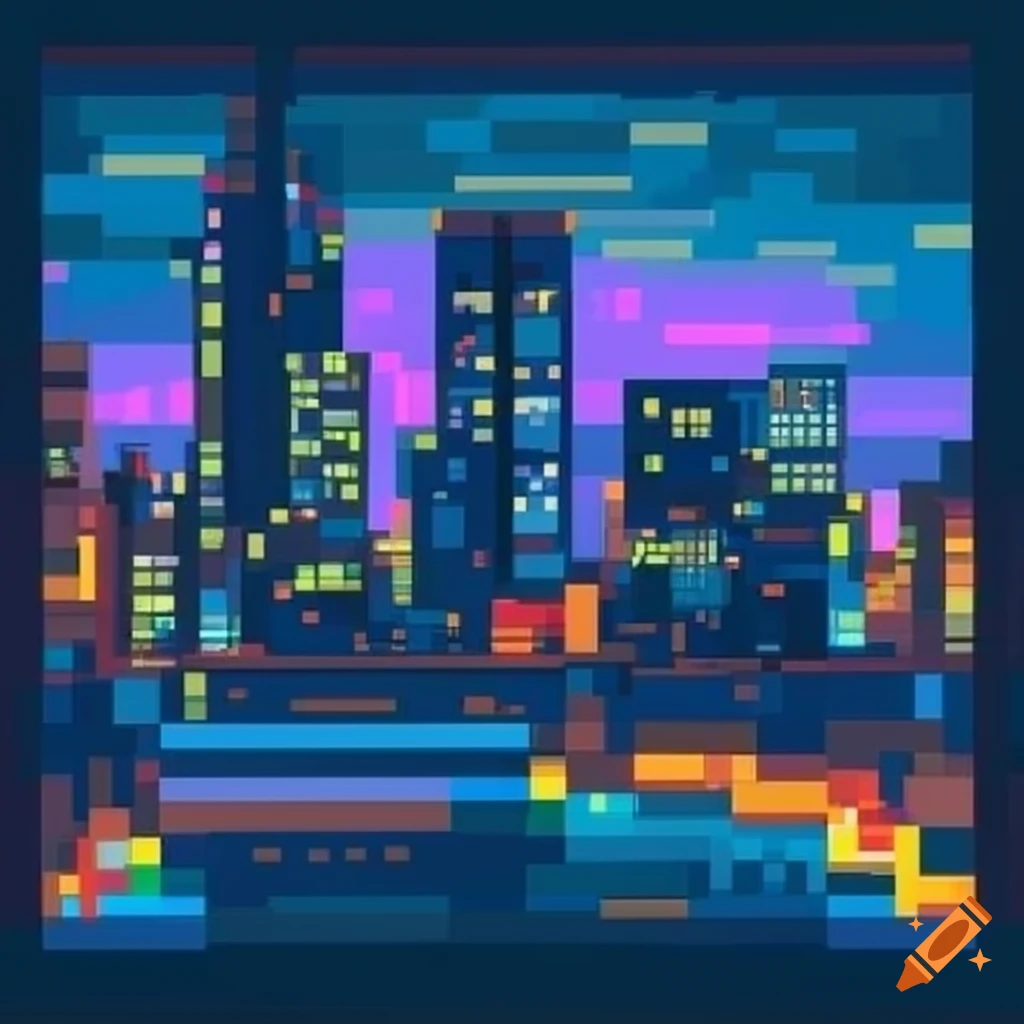 Vibrant high quality pixel art of a cityscape at dusk on Craiyon