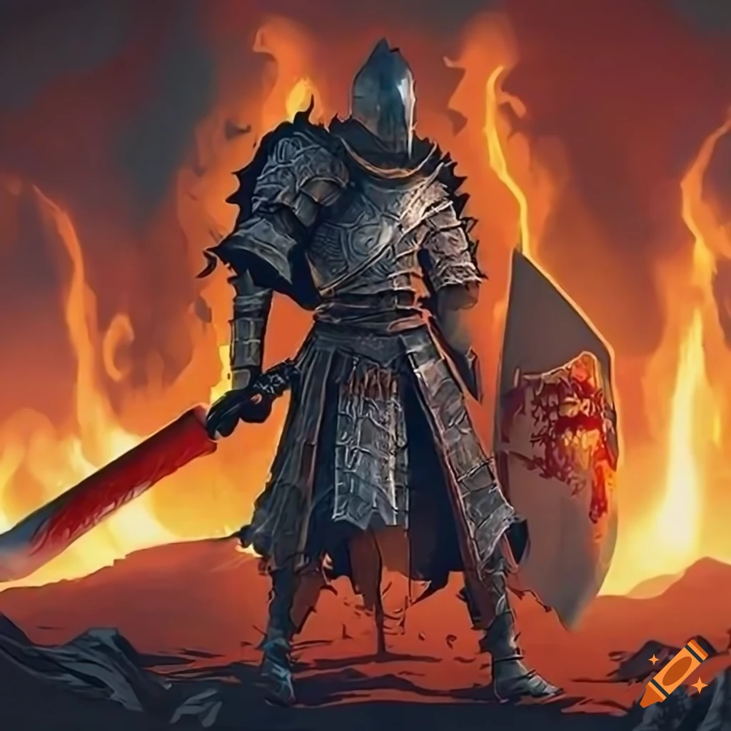 Create epic cover art for the video game "Dark Souls", feature medieval knights fighting in fire, in the style of Hidetaka Miyazaki