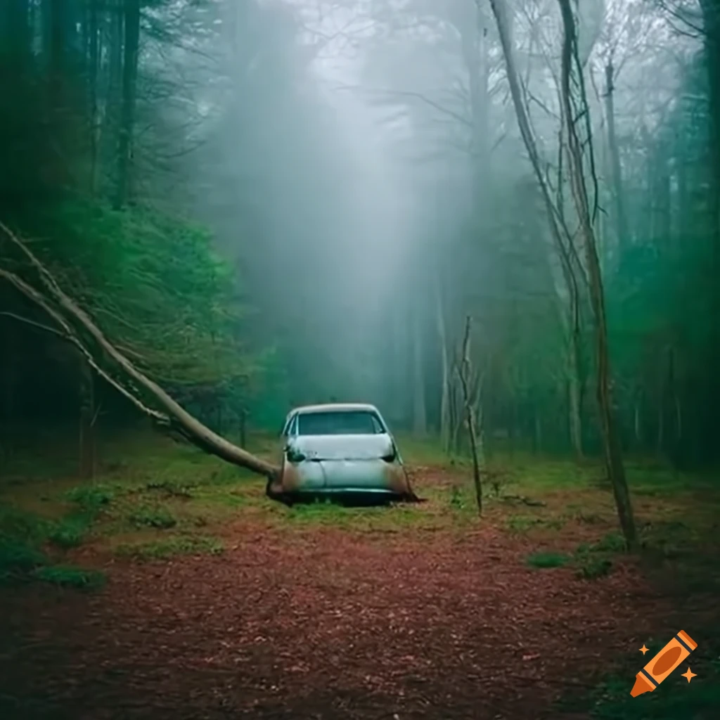 Car cemetery full of old and rusted Tesla's in the Forrest with fog ...