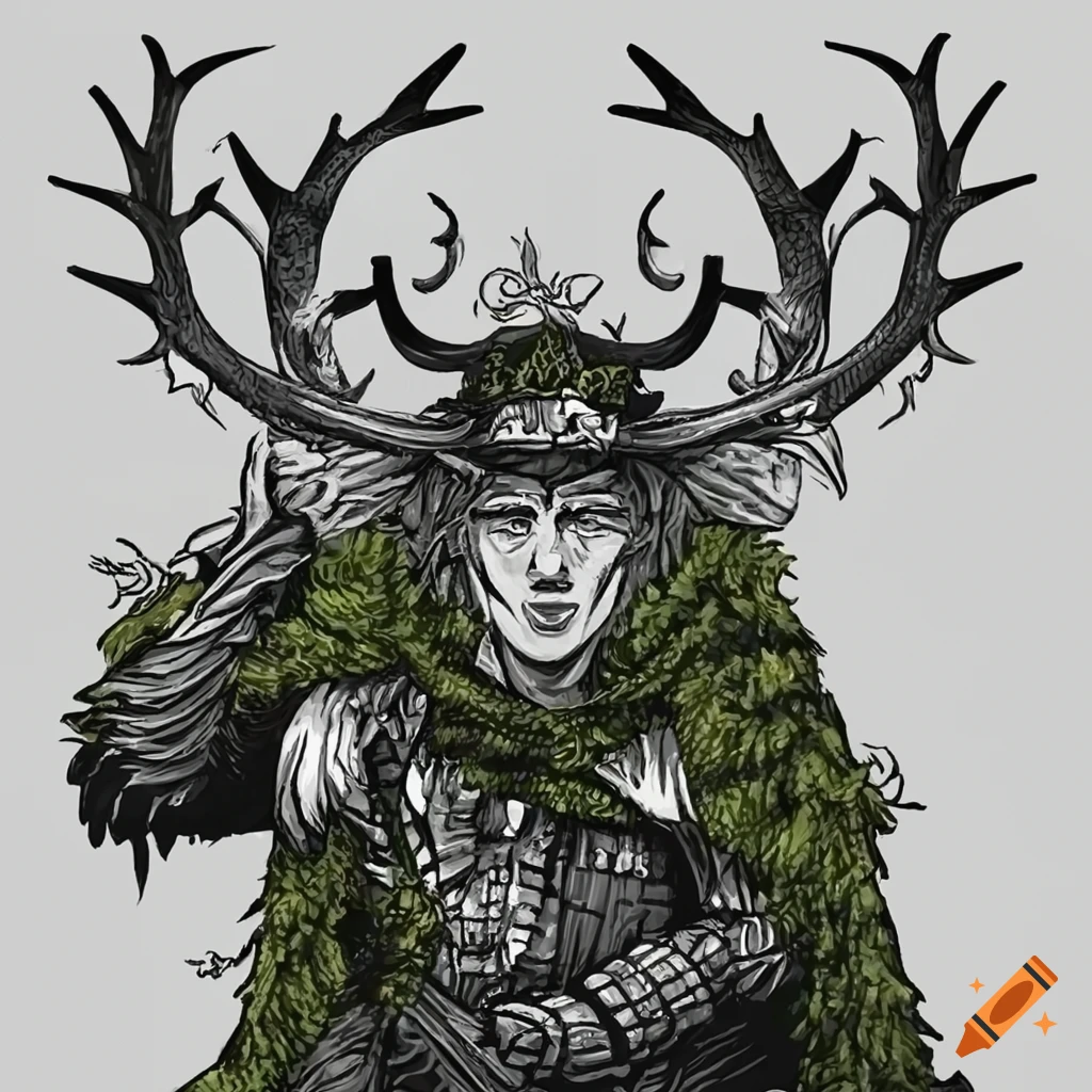 Male druid with antler helmet and a moss cloak with green fire and ...