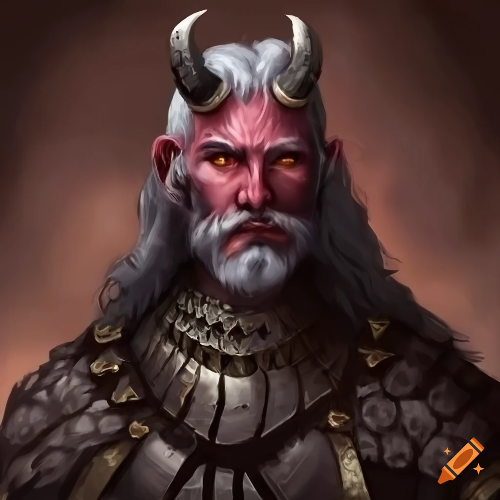 Gray-haired, bearded tiefling in plate armour, fantasy, detailed
