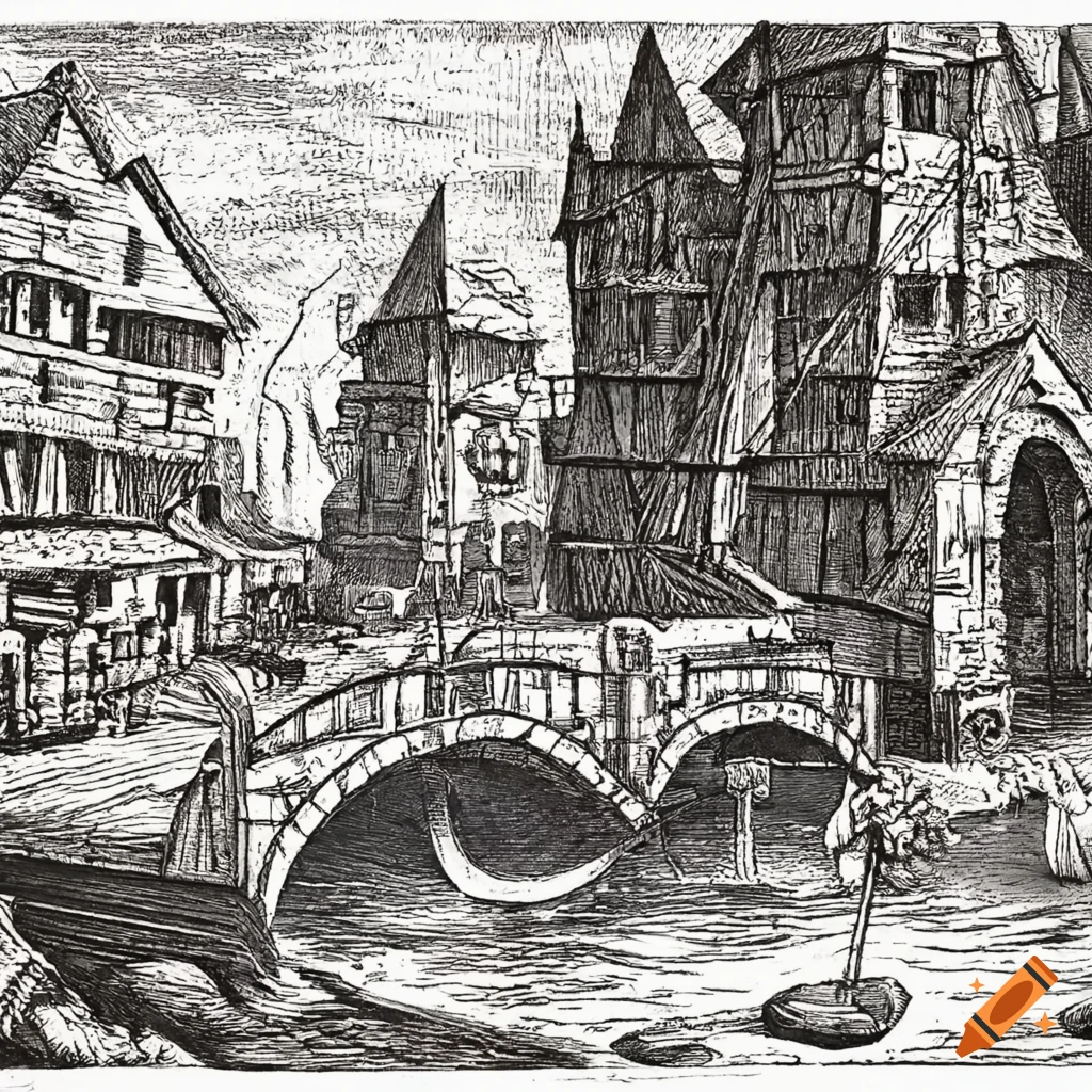 medieval-docks-dungeons-dragons-black-and-white-etching