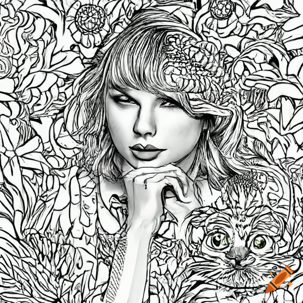 Colouring page for adults, image of taylor swift relaxing with her cats,  white background, clean line art, fine line art, hd on Craiyon