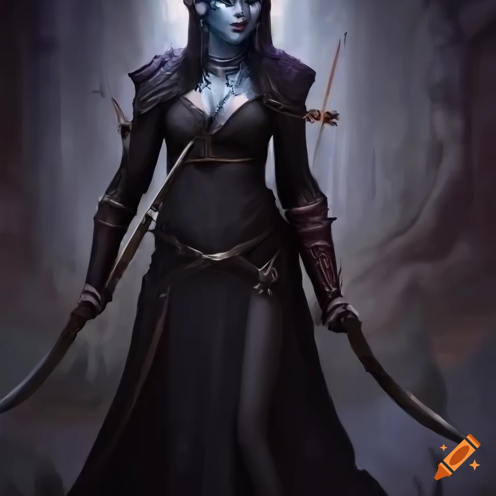 Beautiful dark woman with black robe and sword . Fantasy and