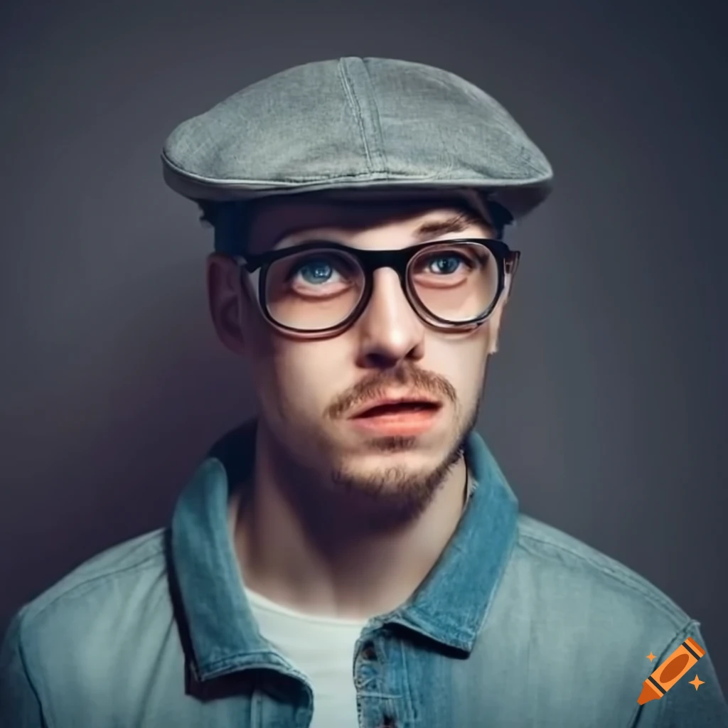 Young man with mustace wearing glasses a grey denim jacket and a grey