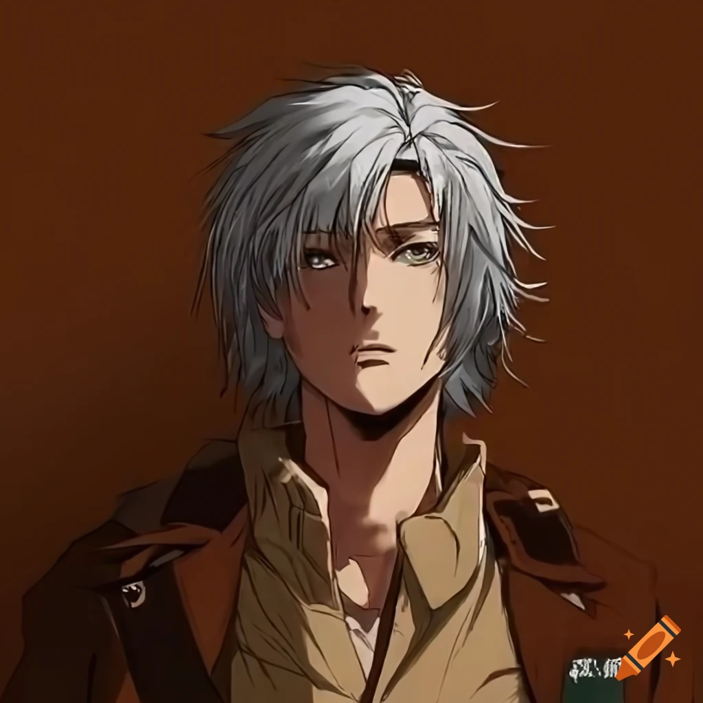 Beautiful man midage, long mullet hair white, brown trench coat, aot
