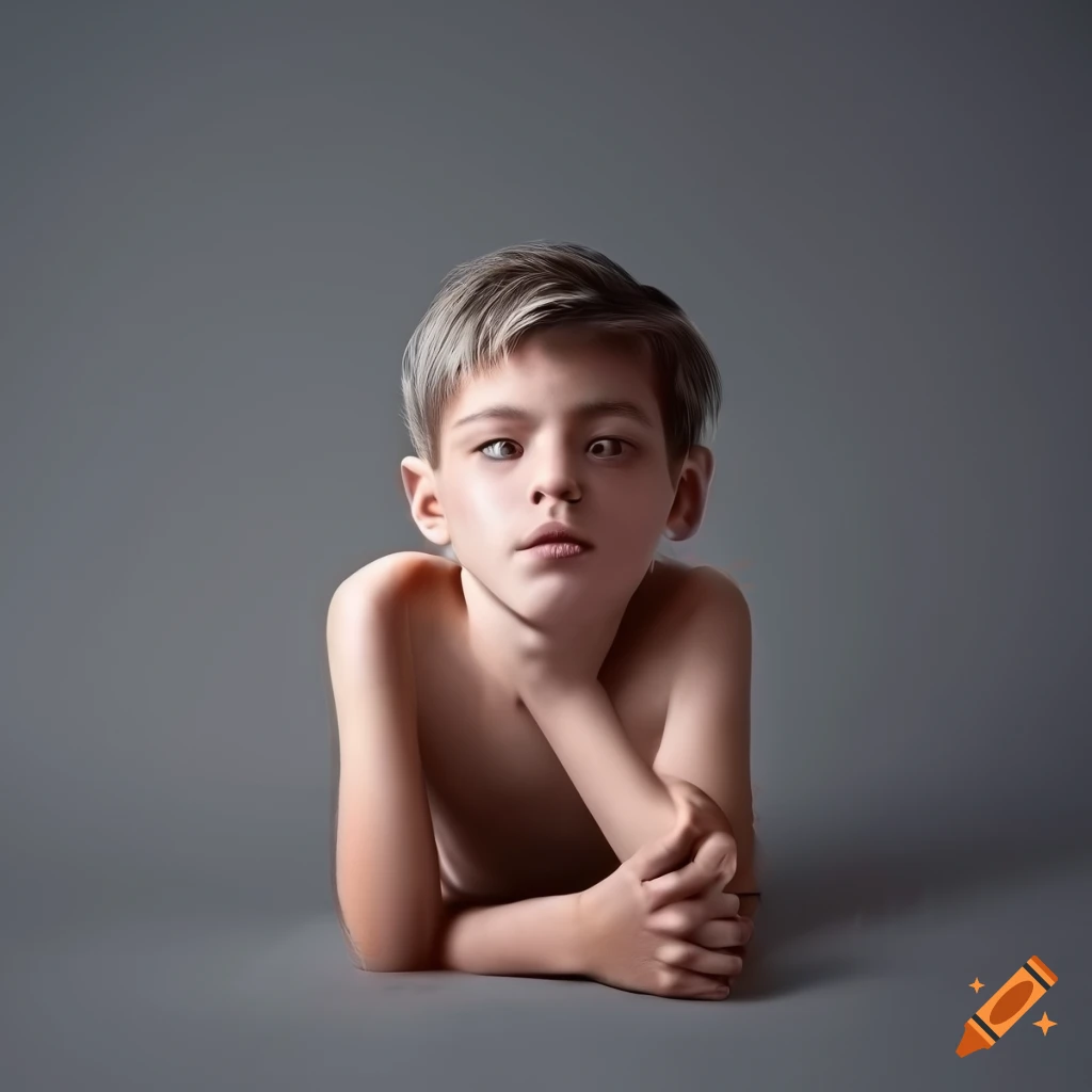 Skinny boy age 14 lying face down. solid gray background. high ...