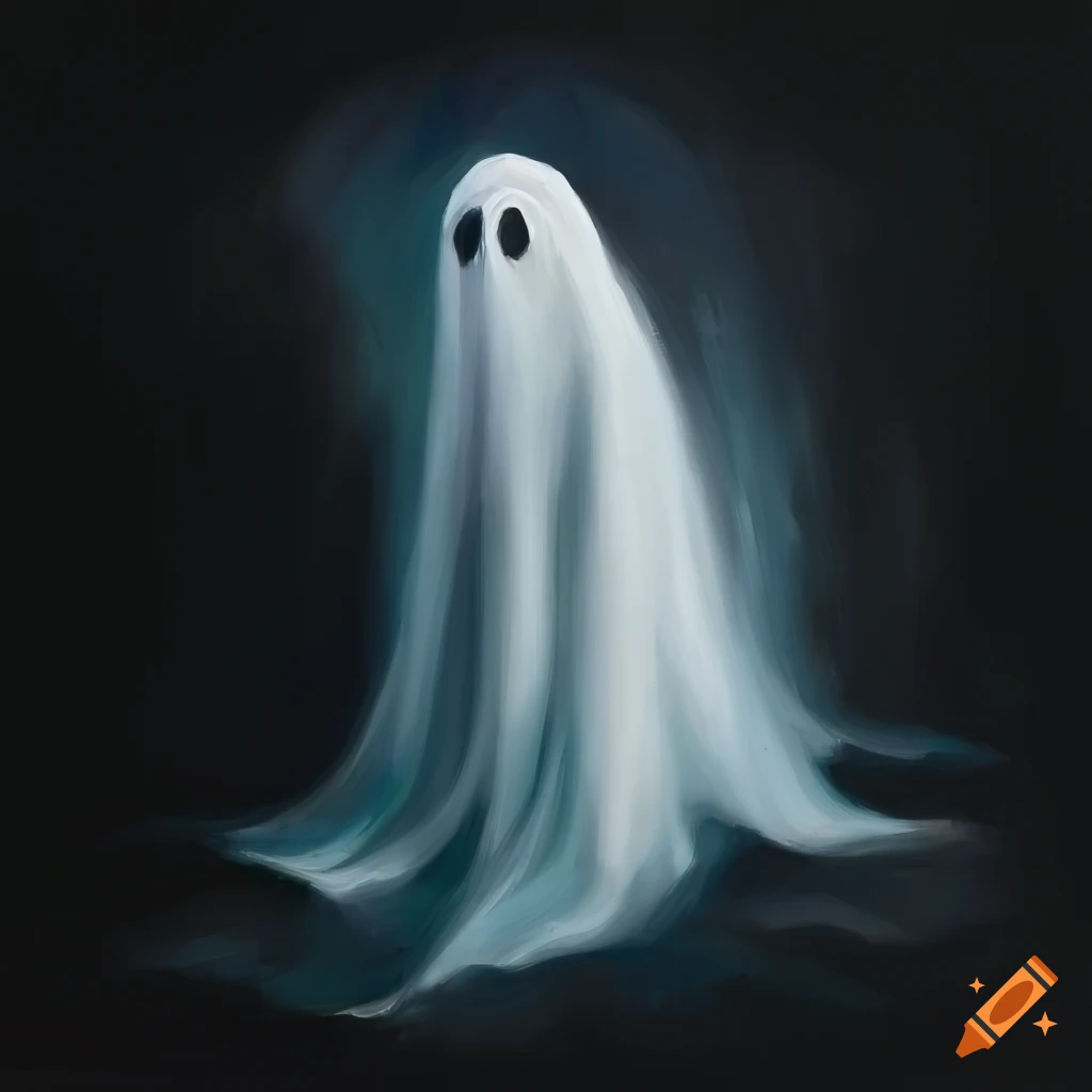 Moody oil painting of white ghost on black background on Craiyon