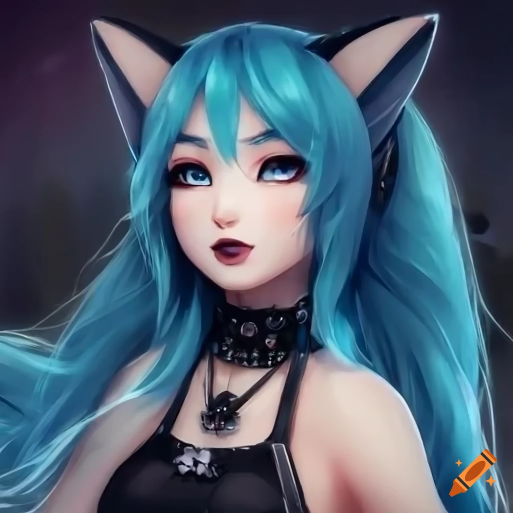 Portrait of mid body of cuttest gothic cat furry girl with blue