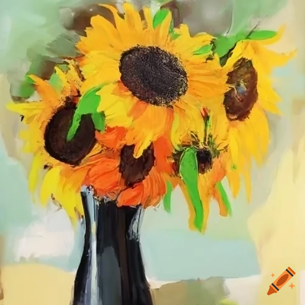 Painting with visible brush strokes of sunflowers in vase on Craiyon