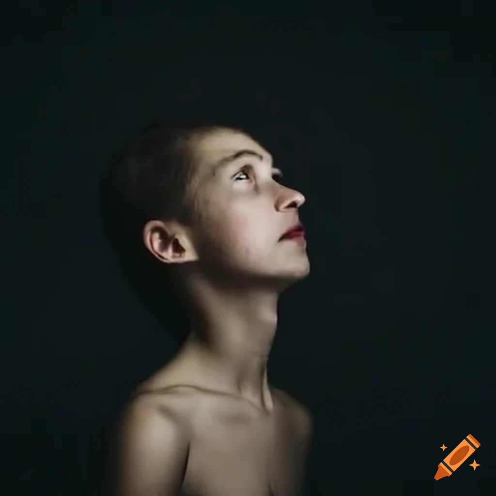 Sad skinny boy looking up