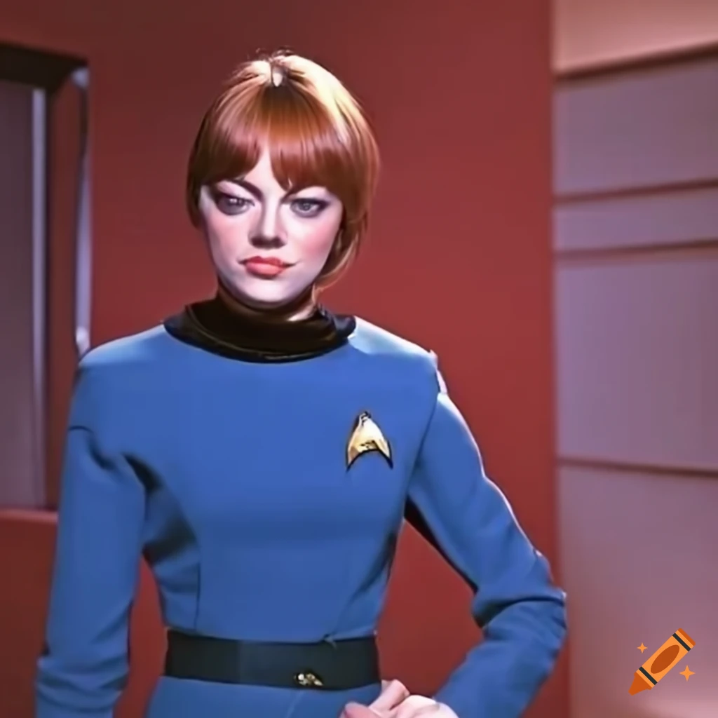 Emma stone, wearing a classic blue star trek uniform, portrays a vulcan ...
