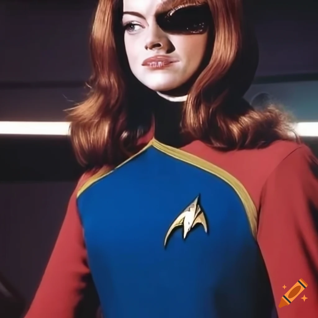 Emma stone, wearing a classic blue star trek uniform, portrays a vulcan ...