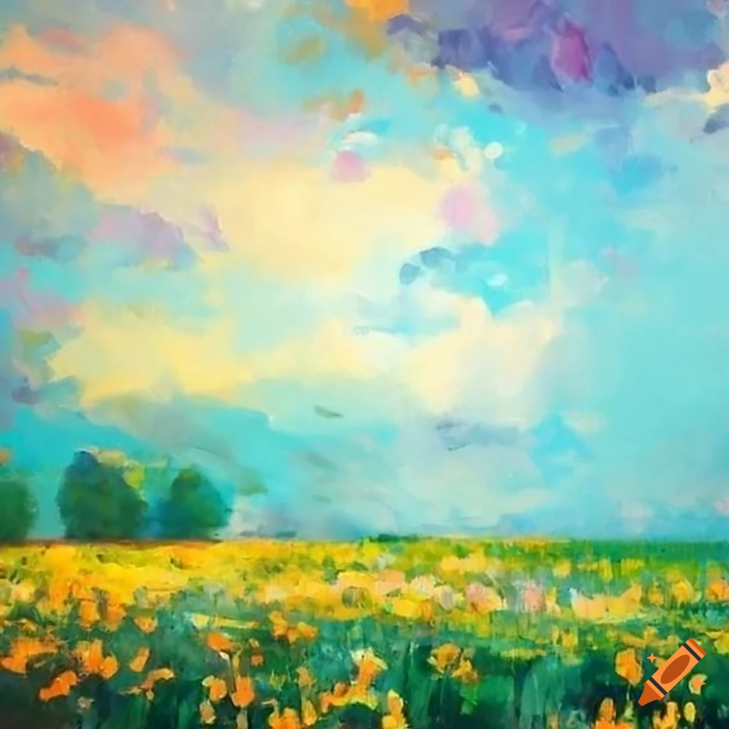 Painting spring flowers field with sky on Craiyon