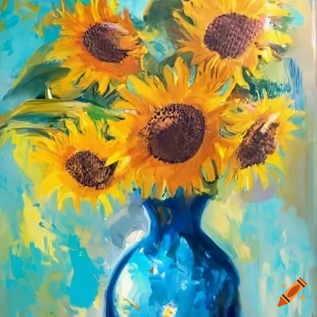Painting with visible brush strokes of sunflowers in vase