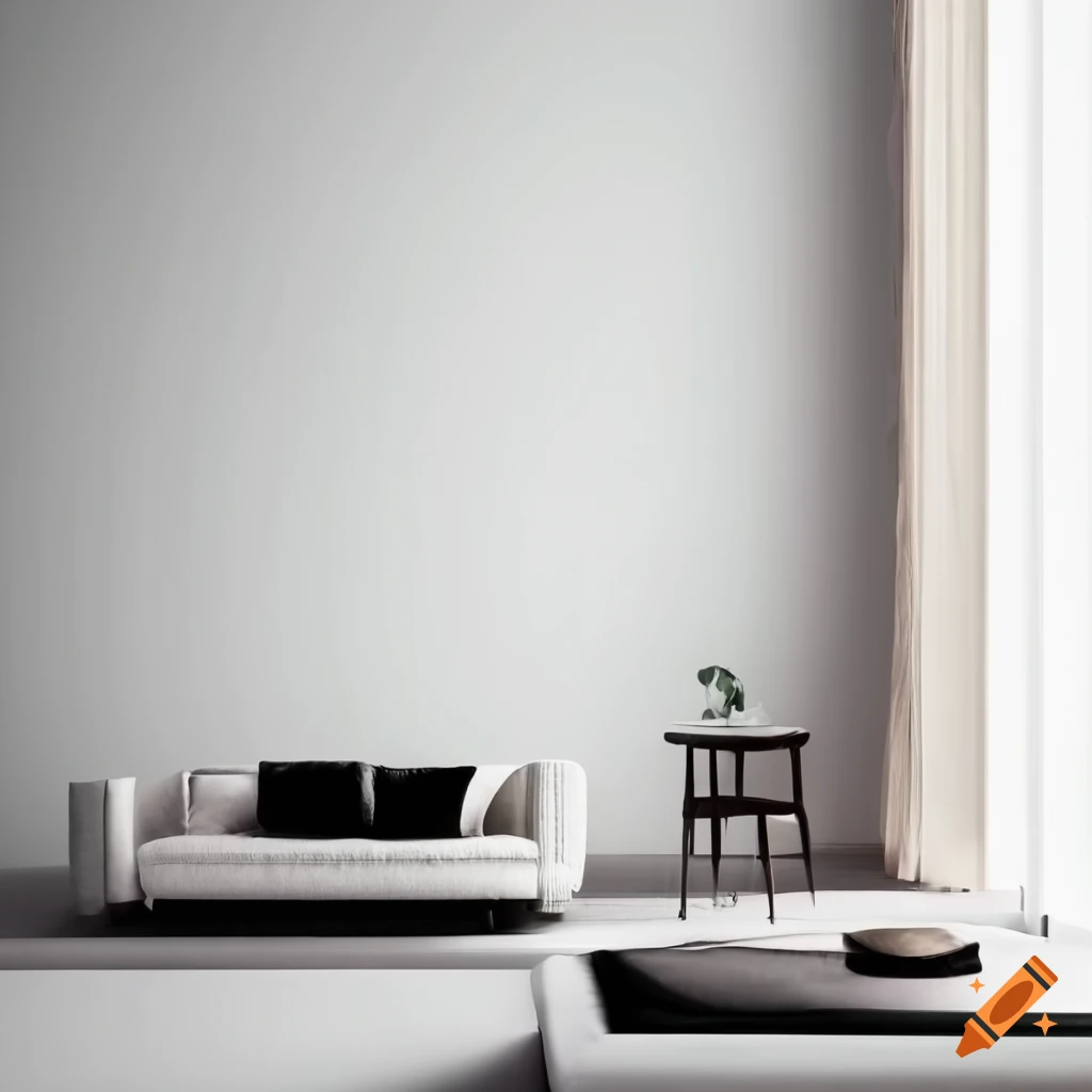 A photo of a elegant design od a livingroom with a big white wall
