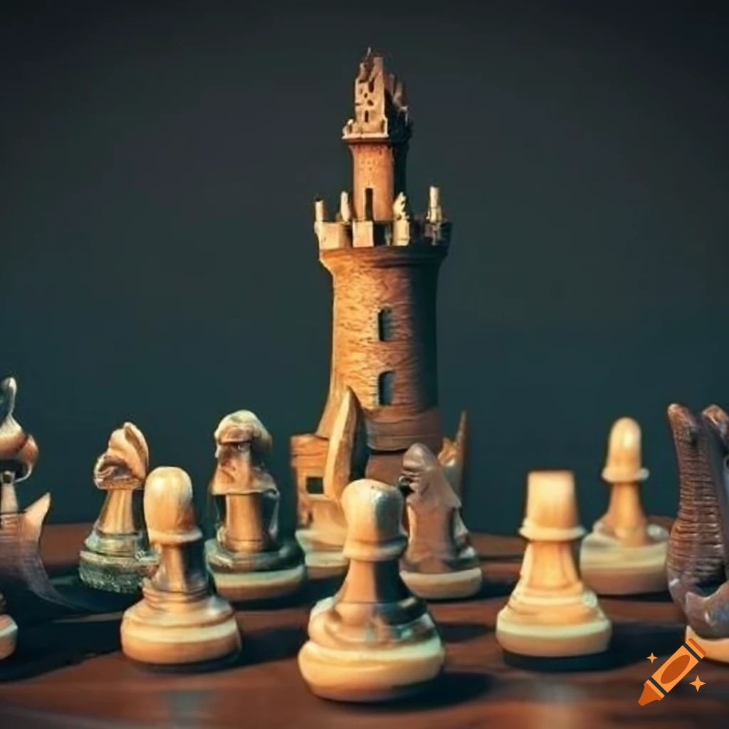 Medieval style chess pieces with a castle