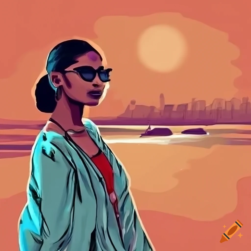 A cool modern indian man walking with a beautiful modern indian woman on a  beach in scheveningen, the netherlands on a hot summer day in 2023. drawn  in the style of the