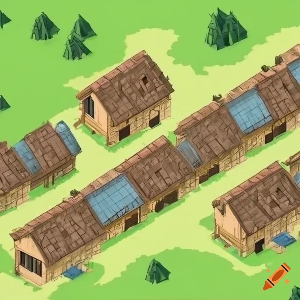Isometric view of a medieval tilemap with tiny windmills, a tiny ...