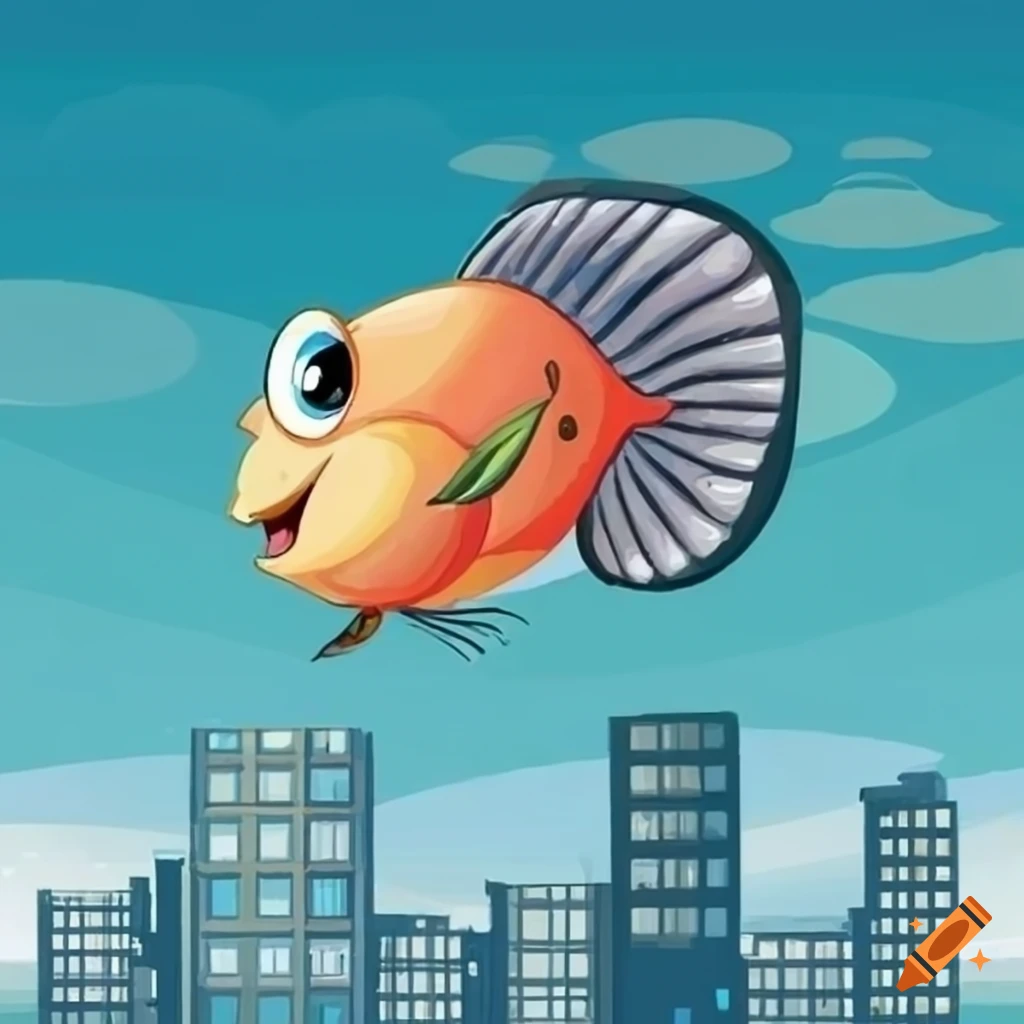 Gilly fish hovering over the city illustration on Craiyon