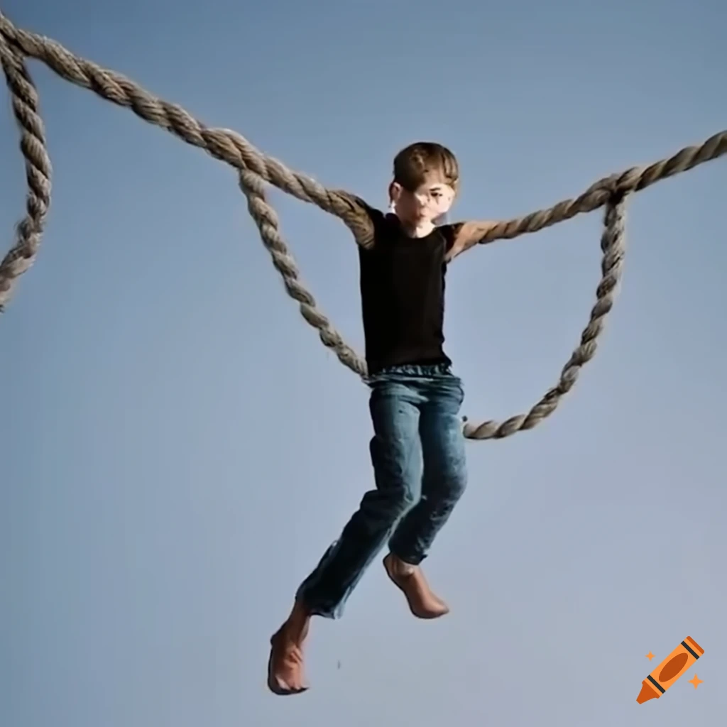 Skinny boy age 15 swinging from rope. high definition on Craiyon