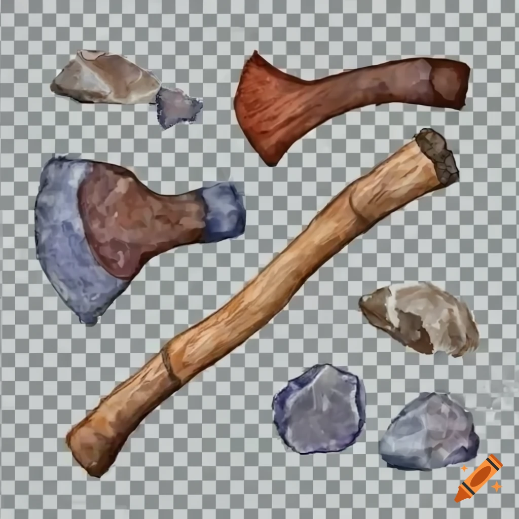 Cartoon hand axe made of flint and wood and string on transparent
