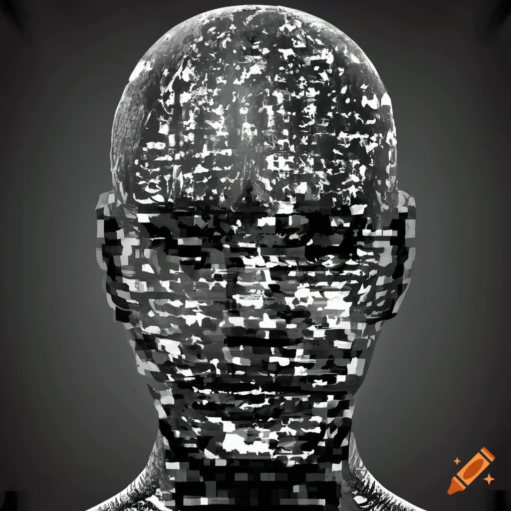 Abstract monochrome portrait of a human face texturized with digitized ...