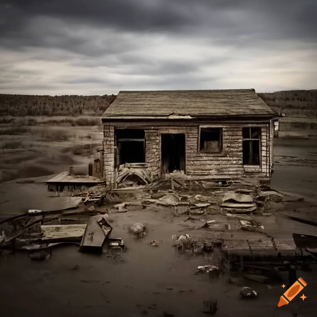post apocalyptic landscape with the remains of a small town in the middle distance in the American mid-west
