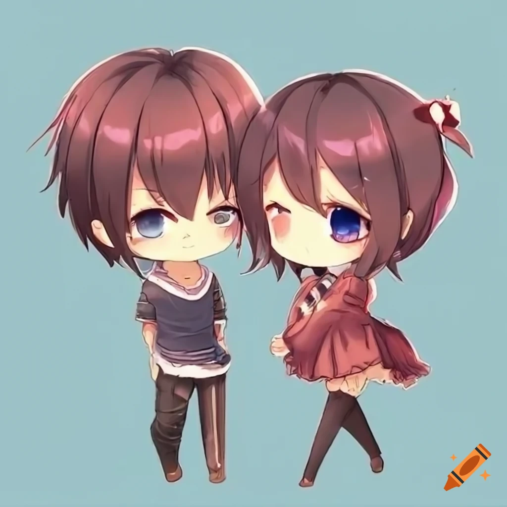 cute chibi couple holding hands