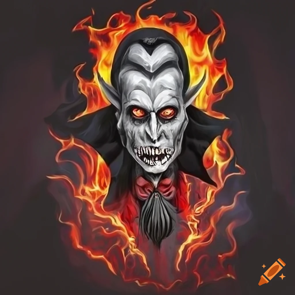 Metal-inspired artwork featuring creepy dracula and fire
