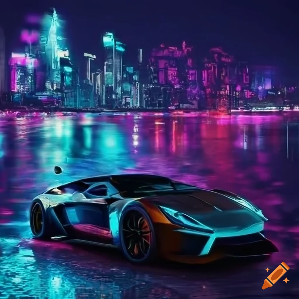 Realistic image of a supercar parked on banks of a river in cyberpunk