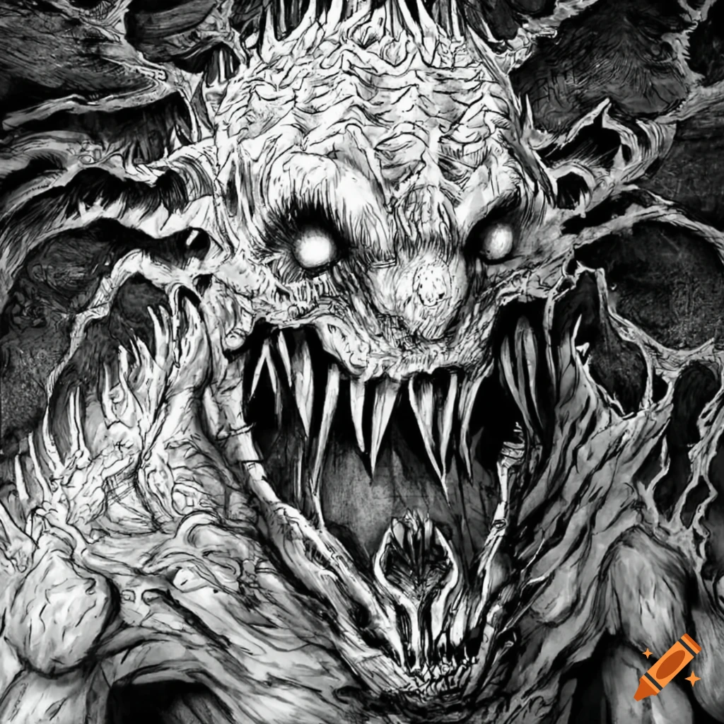 A creature, black and white, berserk, manga art style, execution, scary on  Craiyon