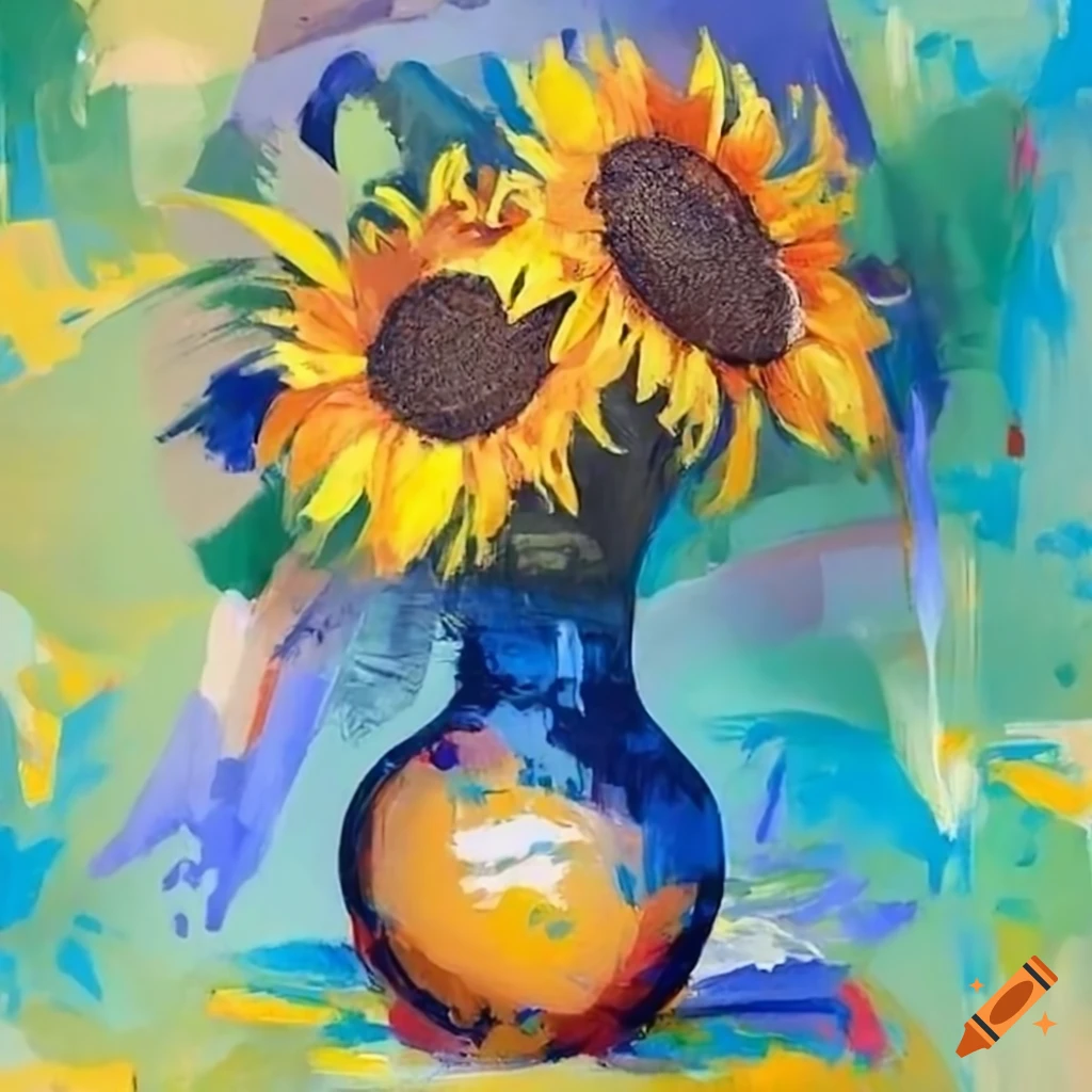 Painting with visible brush strokes of sunflowers in vase