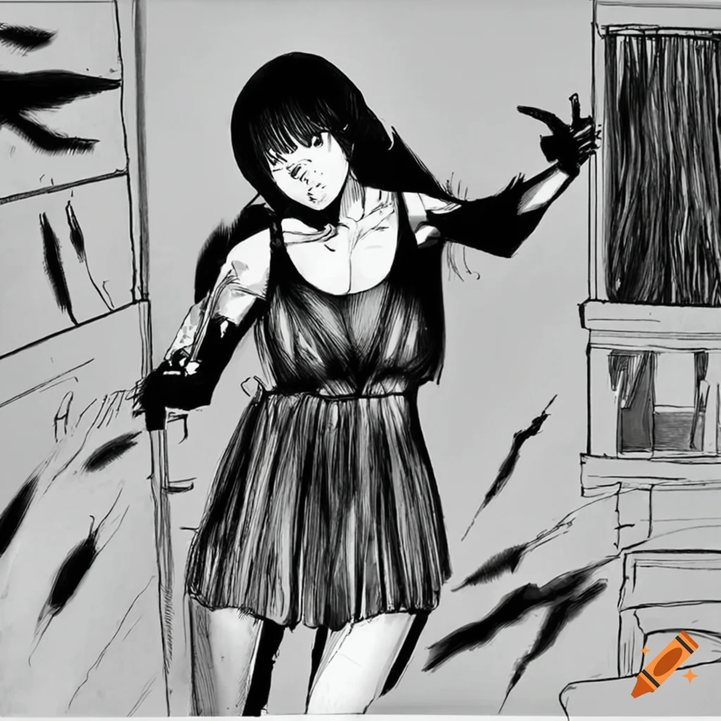 Manga artstyle satoshi kon of a woman desesperately grappling with shadows  in her apartment. black white ink. pannel on Craiyon