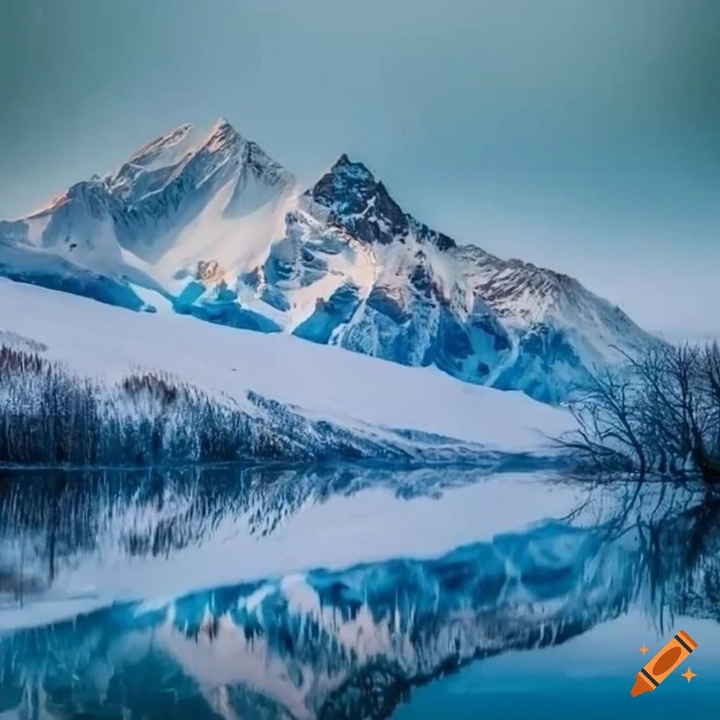 Majestic snow-capped mountains reflected in a frozen lake on Craiyon