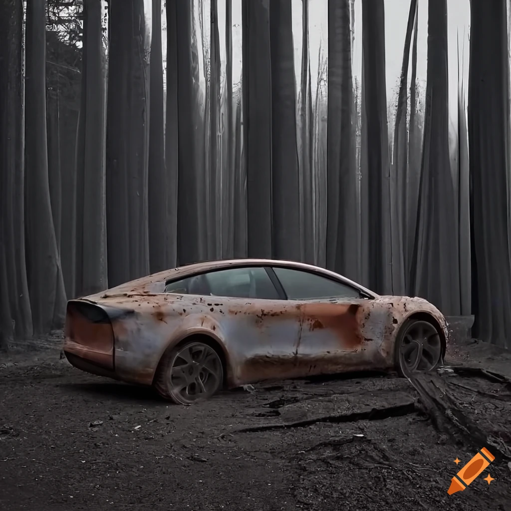 Tesla Model 3 Rusting Rusted broken Tesla model 3 engulfed by nature in red forrest. Dark ...