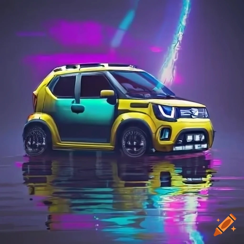 Realistic image of a suzuki ignis parked on banks of a river in cyberpunk  theme and lens flares on Craiyon