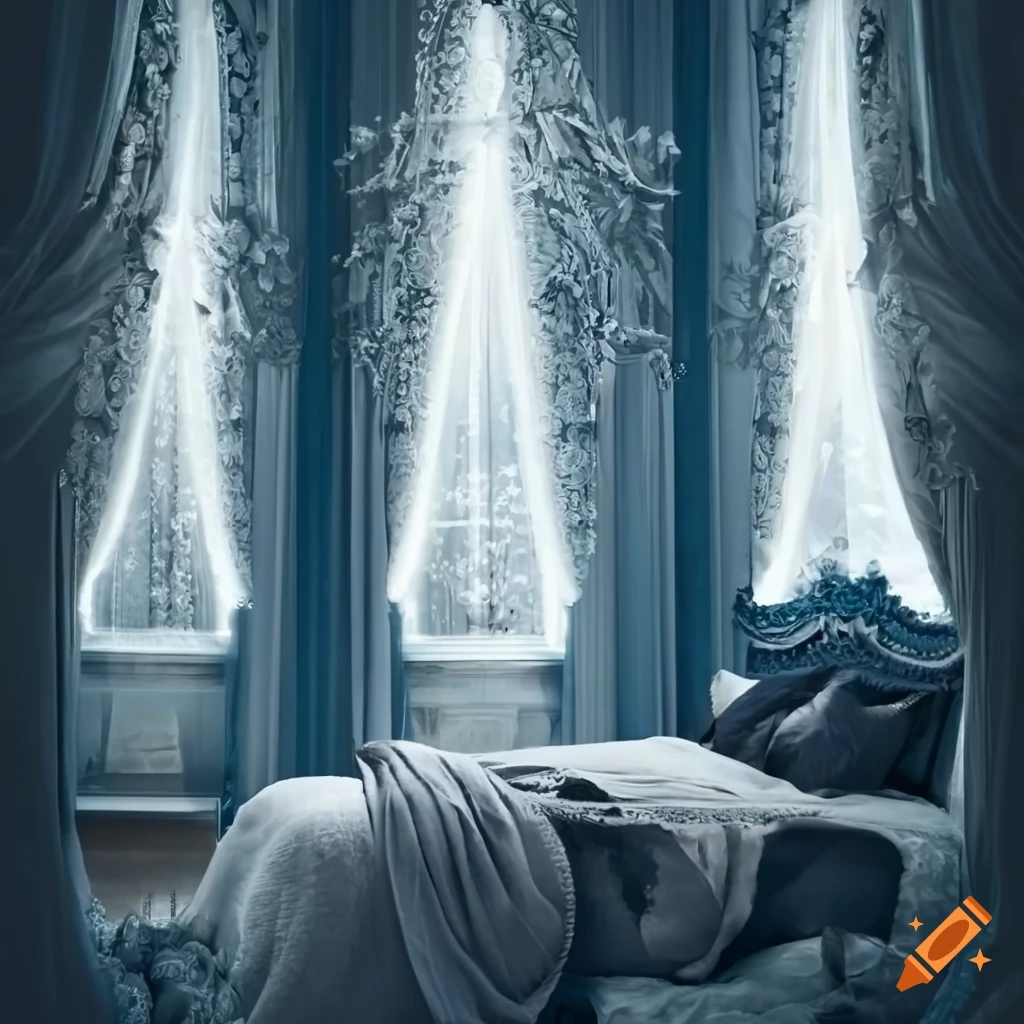 Cozy, elegant, classy, royal fantasy bedroom, winter day scene outside  window with drapes, shades of blue, white, silver on Craiyon