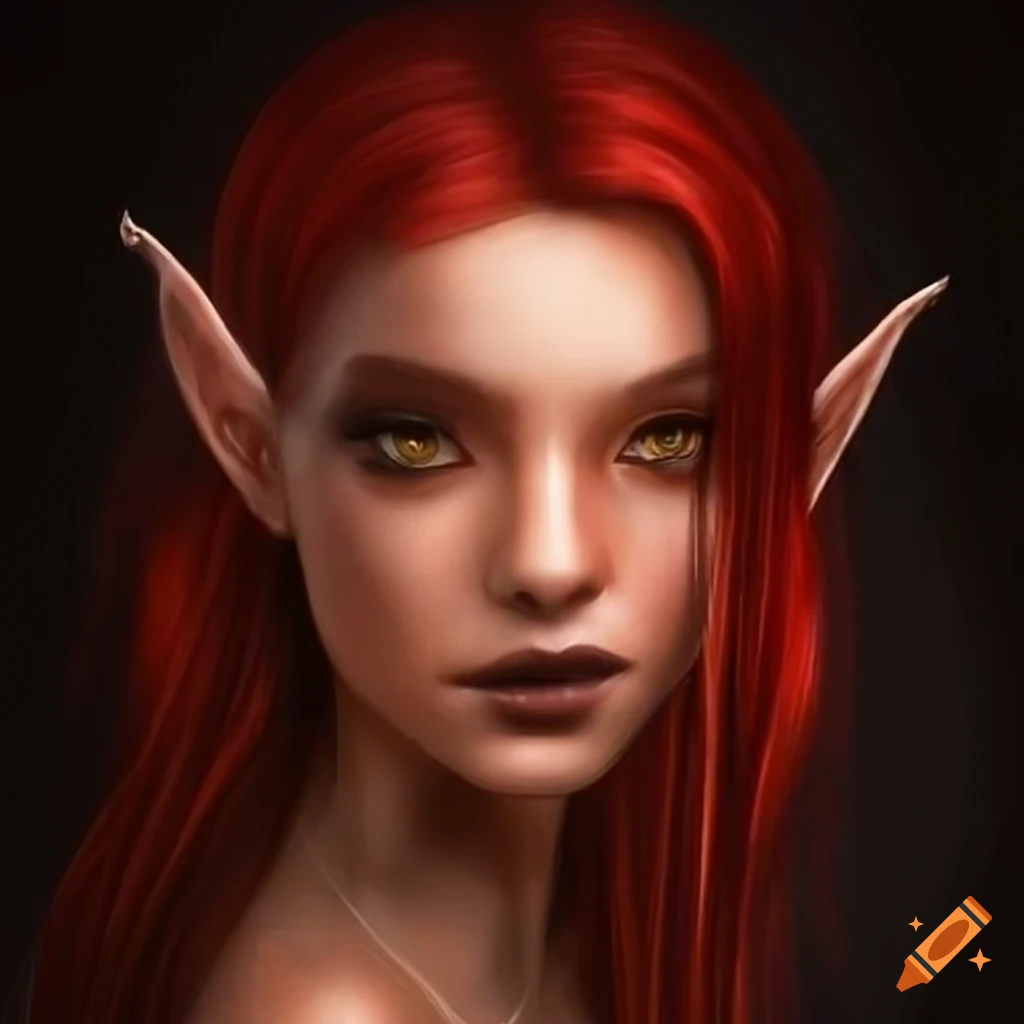 An elven girl with tanned skin, red to black ombré hair and amber eyes on  Craiyon