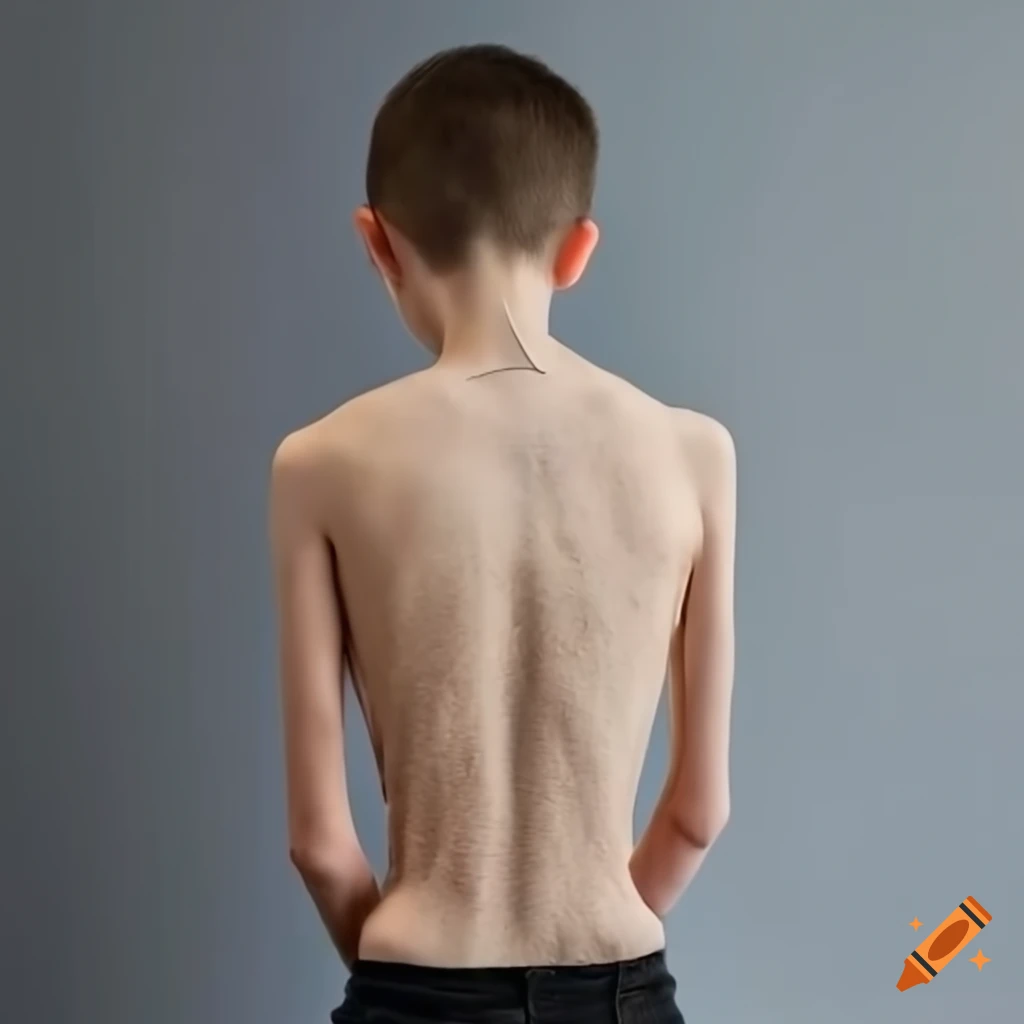 Skinny boy age 15 standing with back against a solid gray wall