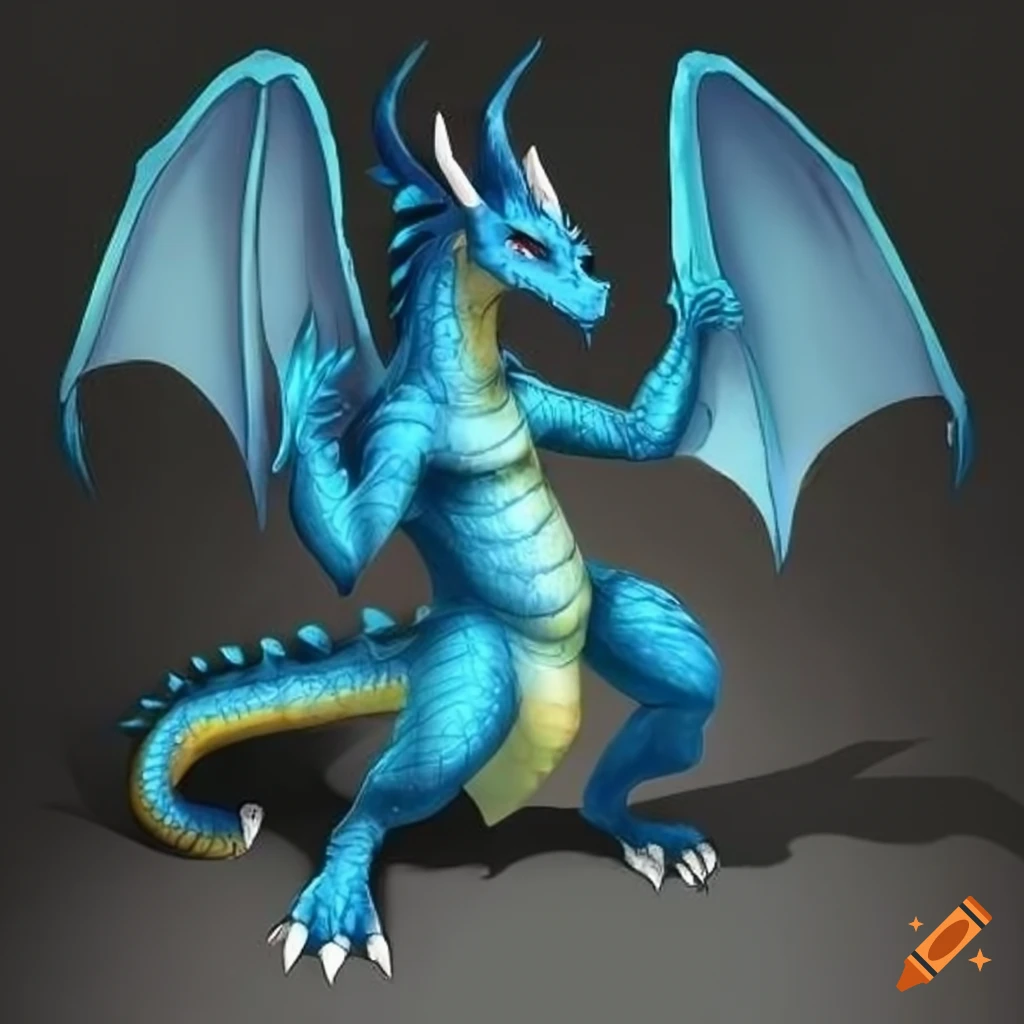 Blue anthro dragon with light-yellow-colored underside and wings and ...
