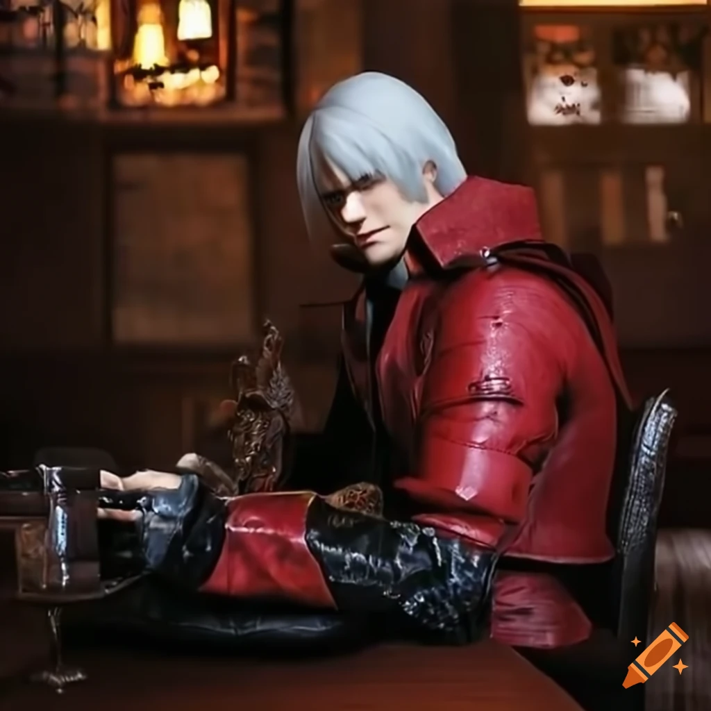 Dante from devil may cry 4 sitting confidently at a restaurant
