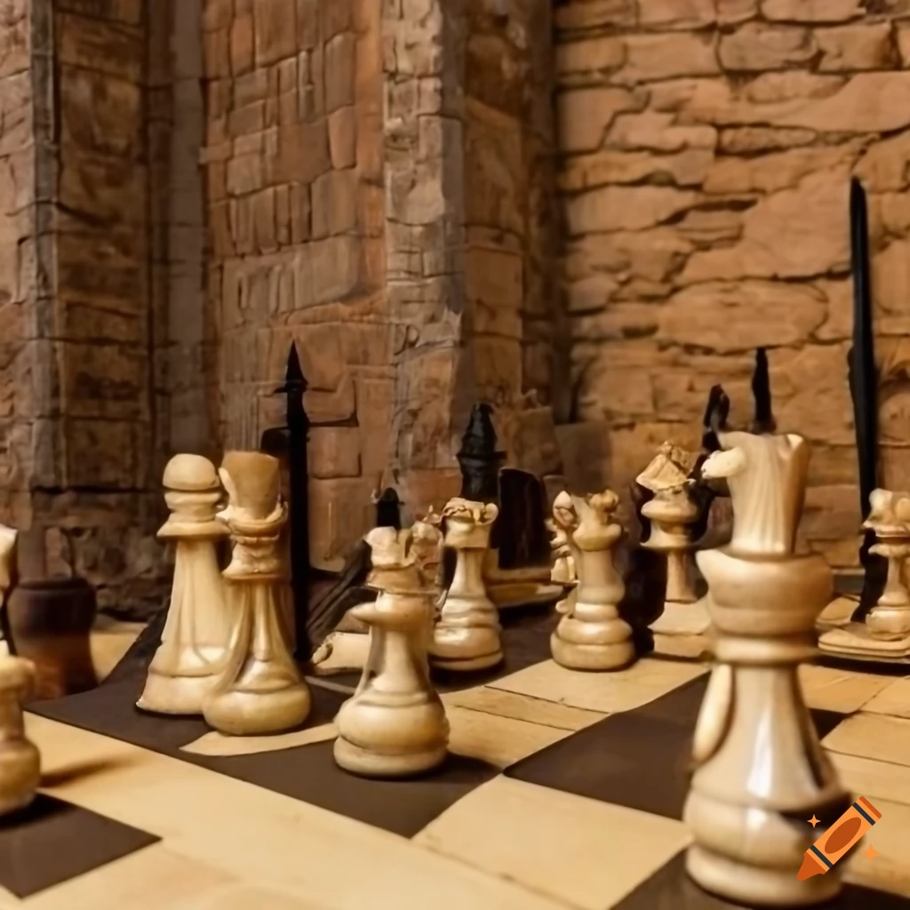 A medieval castle with chess pieces on Craiyon